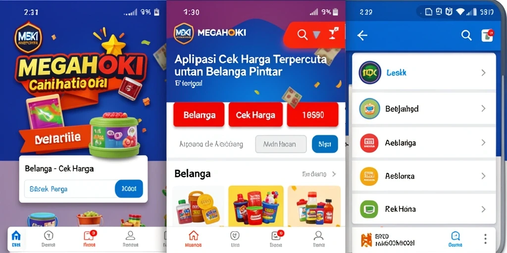 Antarmuka MEGAHOKI menampilkan daftar harga dan produk yang menarik.