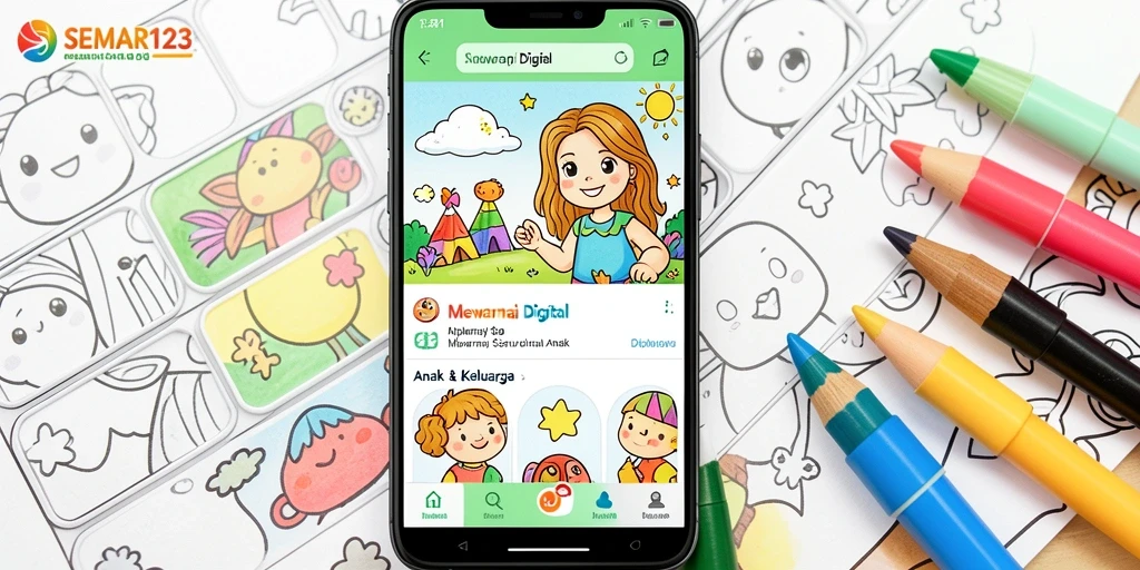 Tampilan antarmuka aplikasi SEMAR123 dengan gambar mewarnai yang menarik.
