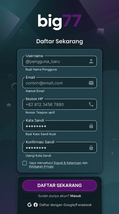 Tampilan halaman daftar big77